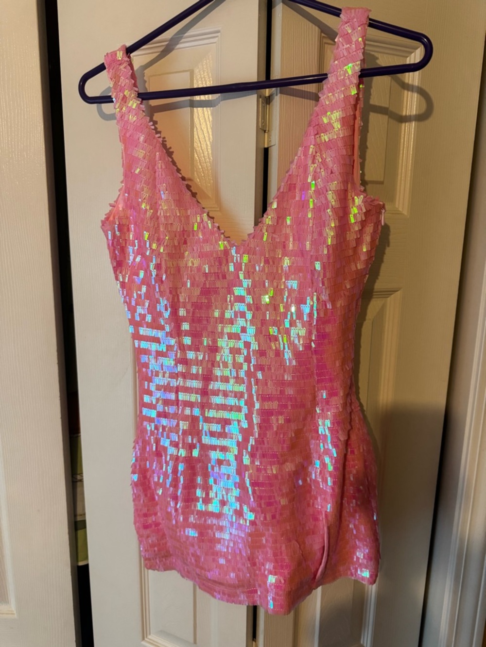 Pink Iridescent Sequin V-Neck Mini Dress
